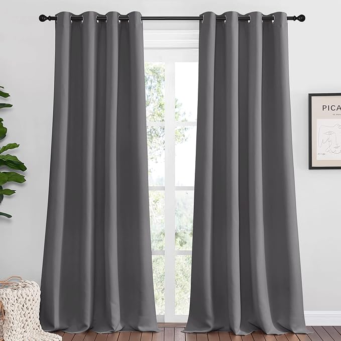 NICETOWN Bedroom Blackout Curtains Panels - Triple Weave Energy Saving Thermal Insulated Solid Grommet Blackout Draperies for Patio (1 Pair, 55 inches by 96 Inch, Grey)