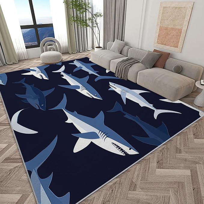 Area Rugs for Living Room 6x9 ft Cartoon Shark Dark Blue Non Slip Area Rug, Ultra Soft Low-Pile Floor Carpet, Durable Washable Rug for Bedroom, Dining Room, Home Office
