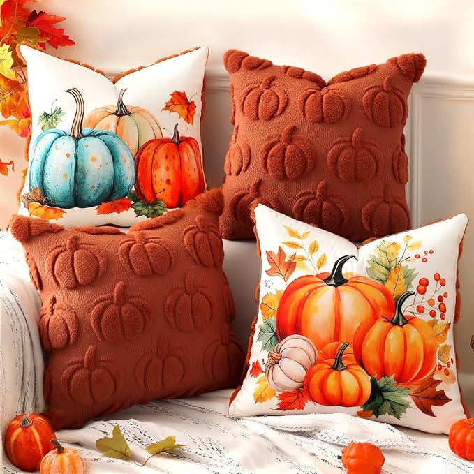 TOYPOPOR Fall Decorations, 2 Packs Double Sided Throw Pillow Covers, Rust Red Soft Faux Fur Pumpkin Pillow Cases Autumn Harvest Thanksgiving Indoor Outdoor Home Decor for Living Room Porch Couch 20x20