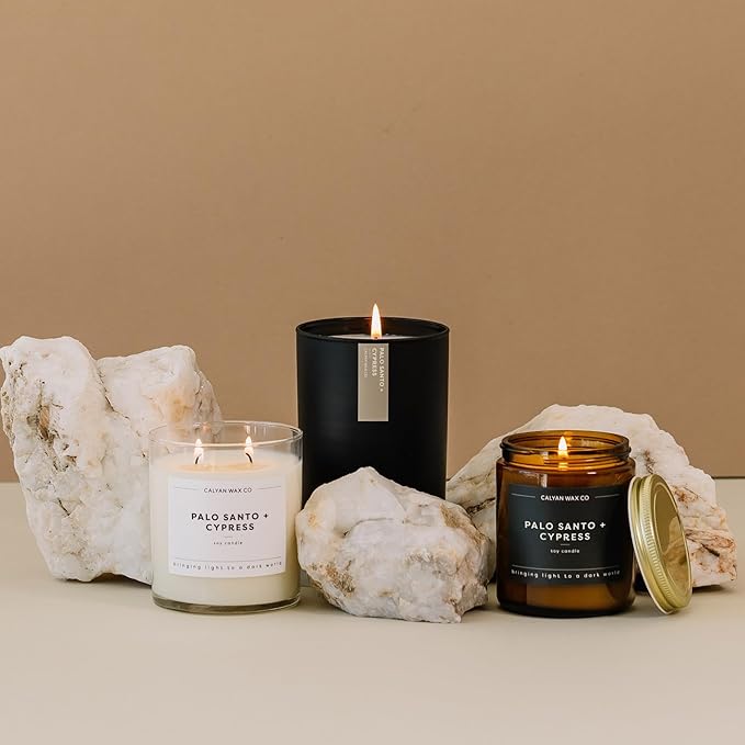 Calyan Wax Co. Soy Wax Candle, Palo Santo + Cypress Scented Candle, 75 Hour Burn Time, Aromatherapy Soy Candles, Non Toxic & Vegan Soy Wax, Black Tumbler Scented Candles, 10.2oz