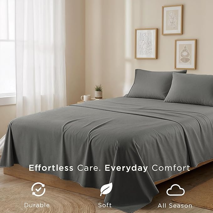 Threadmill Cotton Full Size Sheet Set| 100% Cotton Sheets for Full Size Bed | Solid Sateen Full Bed Sheets Set with 16” Elasticized Deep Pocket | Soft Breathable 4-Piece Cooling Sheet Set | Dark Grey