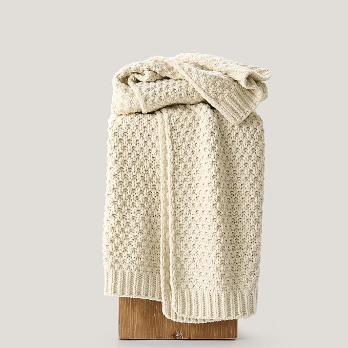 EVERGRACEHOME Chunky Chenille Knit Throw Blanket for Couch, Soft Luxurious Moss Stitch Blankets for Bed, Cozy Decorative Farmhouse Knitted Throws for Sofa, Beige, 50" x 60"
