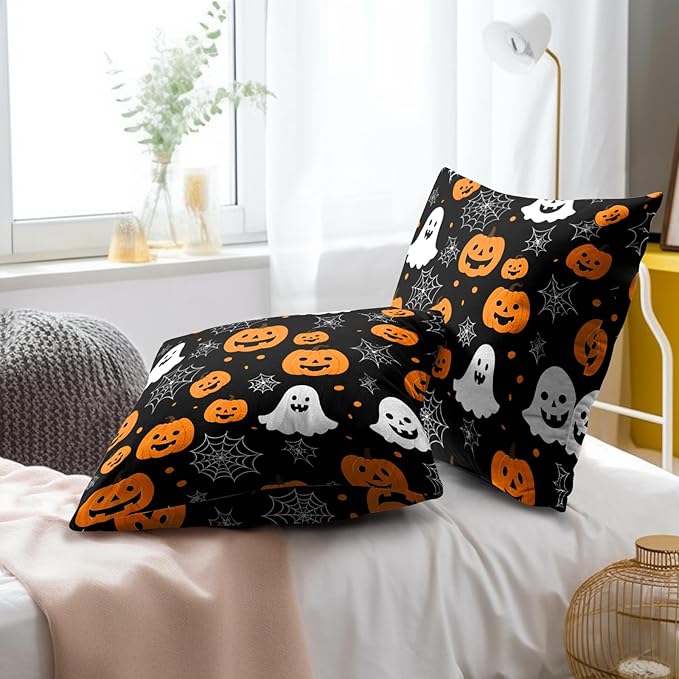 Halloween Throw Pillow Covers 20x20 - Ghost Pumpkins Pillow Covers 2PCS Halloween Day Spider Web Pillowcases for Couch Sofa Bench Bedroom