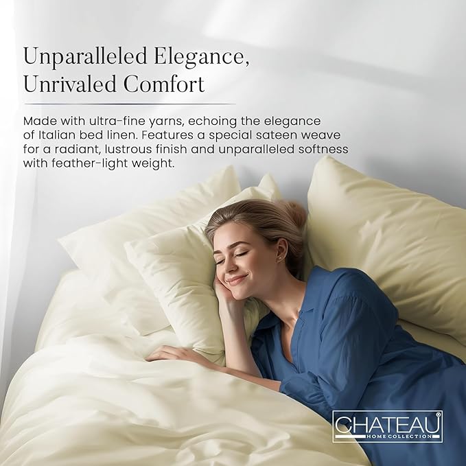 CHATEAU HOME COLLECTION 100% Cotton Sheets King Size - 1000 Thread Count Luxury Sateen Weave- 15" Deep Pocket King Sheet Set- Machine Washable Fade Restistant- Semolina