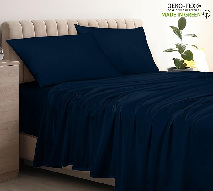 400 Thread Count 100% American Grown Cotton Navy Flat Sheet Only - Cooling Sheets - Luxury Sateen Weave - Full Size Flat Sheet Sold Separately - Super Soft Cotton Top Sheets (Full, Rivera Navy)