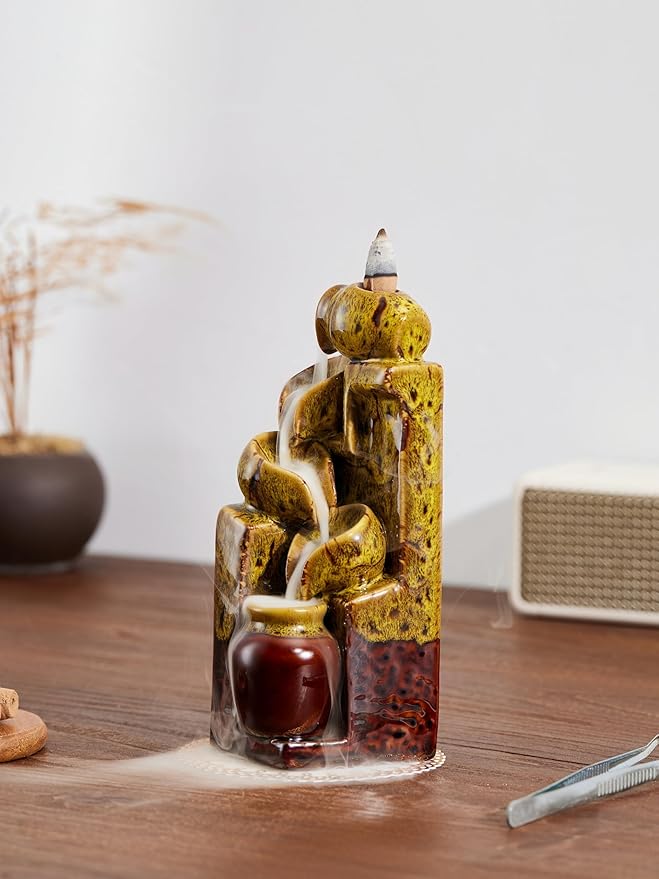 Unique Cascading Basins Ceramic Waterfall Incense Holder, Paired with a Pack of Backflow Incense Cones. (Fambe Yellow)