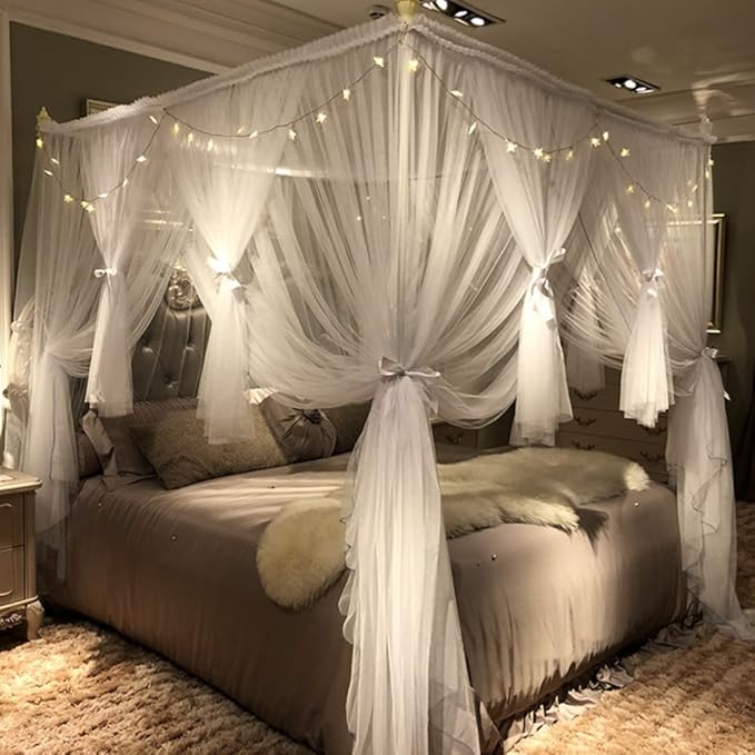 Joyreap 4 Corners Post Canopy Bed Curtain for Girls & Adults - Royal Luxurious Cozy Drape Netting - Cute Princess Bedroom Decoration Accessories (White, King)