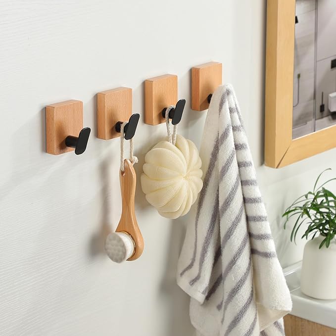 DELITON Towel Hooks Wall Mounted - Adhesive Bathroom Coat Hooks for Hanging Robes Clothes Light Brown, Black Solid Wood Beech Wall Hook 4 Packs