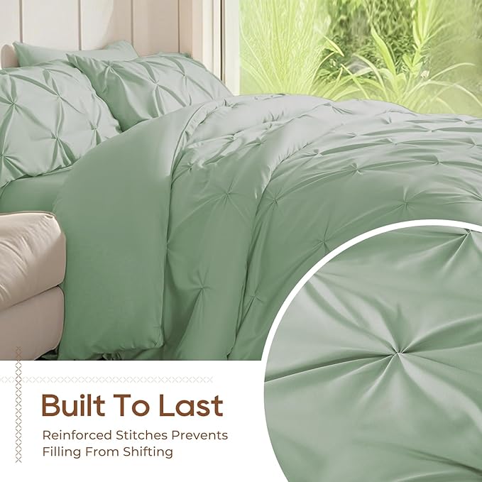 Sasttie King Size Comforter Set, 7-Piece Bed in a Bag, Pintuck Bedding Sets for All Season, Includes Comforter, Flat Sheet, Fitted Sheet, Pillowcases and Pillowshams, Sage