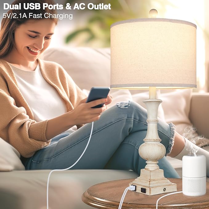 26" Farmhouse Table Lamps, Table Lamps For Living Room Set of 2 with USB A+C Ports & AC Outlet, Vintage Rustic Touch Control 3-Way Dimmable Boho Nightstand Lamp White Washed Resin for Bedroom Deocr