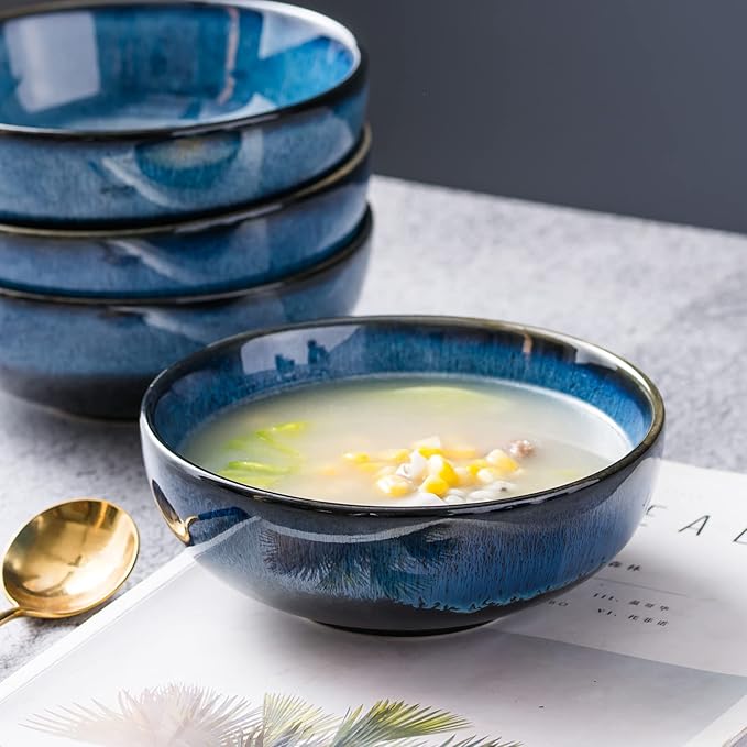 UNICASA Ceramic Cereal Bowls Set, 18 OZ Salads Bowls Set of 4, Dessert Serving Bowl for Soup, Reactive Glaze Ramen Bowls, Microwave Oven and Dishwasher Safe, Blue