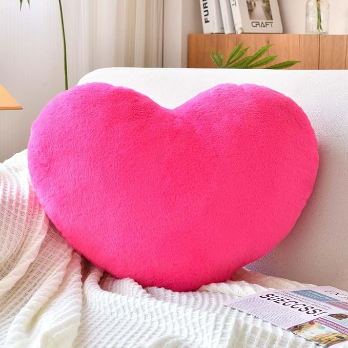 Hot Pink Heart Pillows, Cute Heart Decorative Pillow, Heart Shaped Throw Pillows for Bed, Faux Rabbit Fur Plush Hoom Decor Pillow Cushion for Chair Sofa Living Room (Mini 12.9" x 9.8")