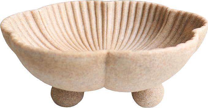 Large Decorative Bowl decor, Scalloped Pedestal Bowls for Modern Home Decor,Ruffle Decor,Stylish Key Bowl for Entry Table,Decorative Fruit Bowl for Kitchen Counter, Artificial Stone Beige