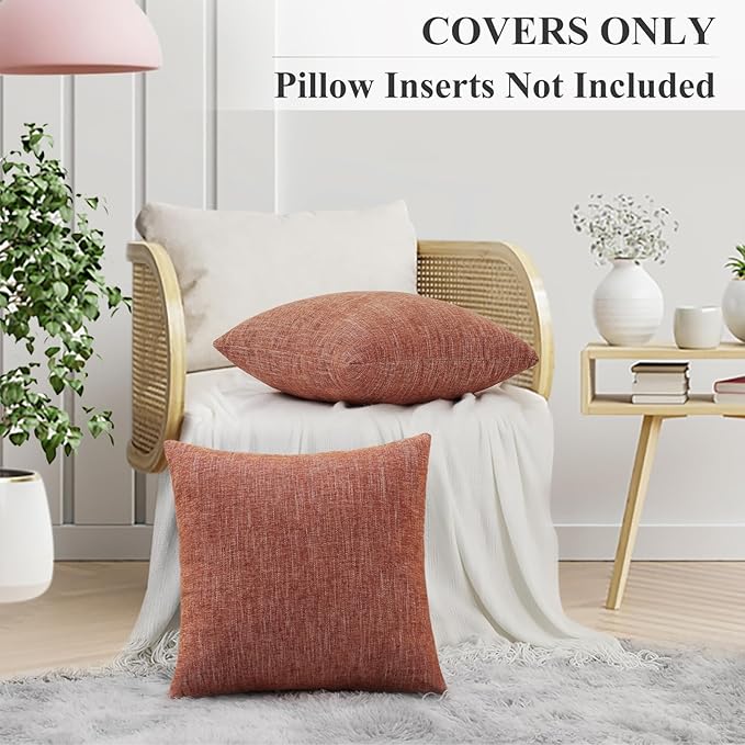decorUhome Fall Chenille Decorative Throw Pillow Covers 20x20 Set of 2, Farmhouse Textured Square Neutral Solid Accent Pillow Covers for Couch Sofa Bed Living Room Home Decor, Rust