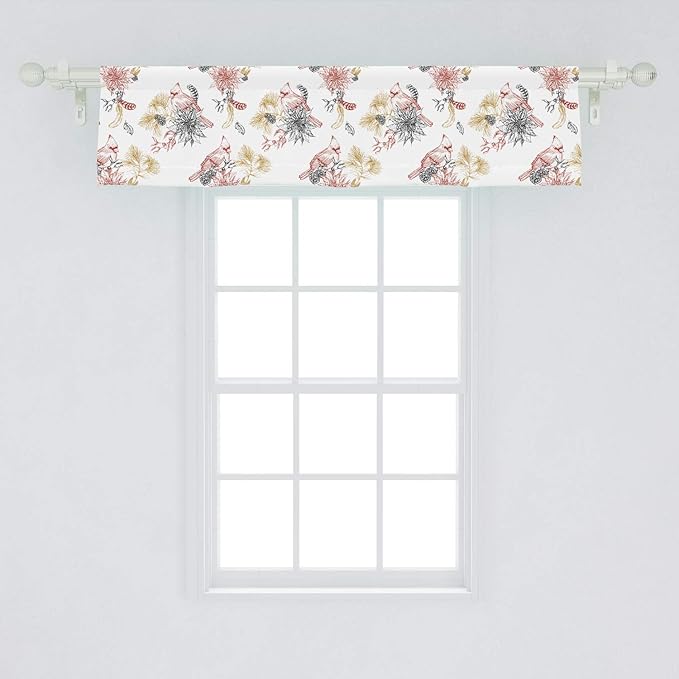 Lunarable Cardinal Bird Window Valance, Creative Vintage Pattern with Leaves Plants Pine Cones, Curtain Valance for Kitchen Bedroom Decor with Rod Pocket, 54" X 12", Vermilion Black
