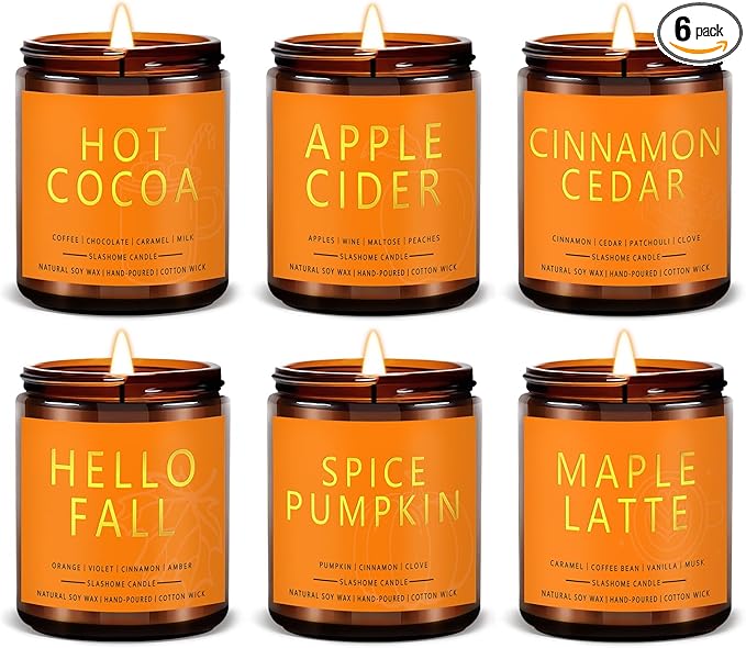 Fall Candles, Scented Soy Candles Set - 7Oz * 6 Pack, Holiday/Birthday/Christmas Gifts for Women & Men, Autumn Scents of Hello Fall/Spice Pumpkin/Apple Cider/Hot CocoaCinnamon & Cedar/Maple Latte