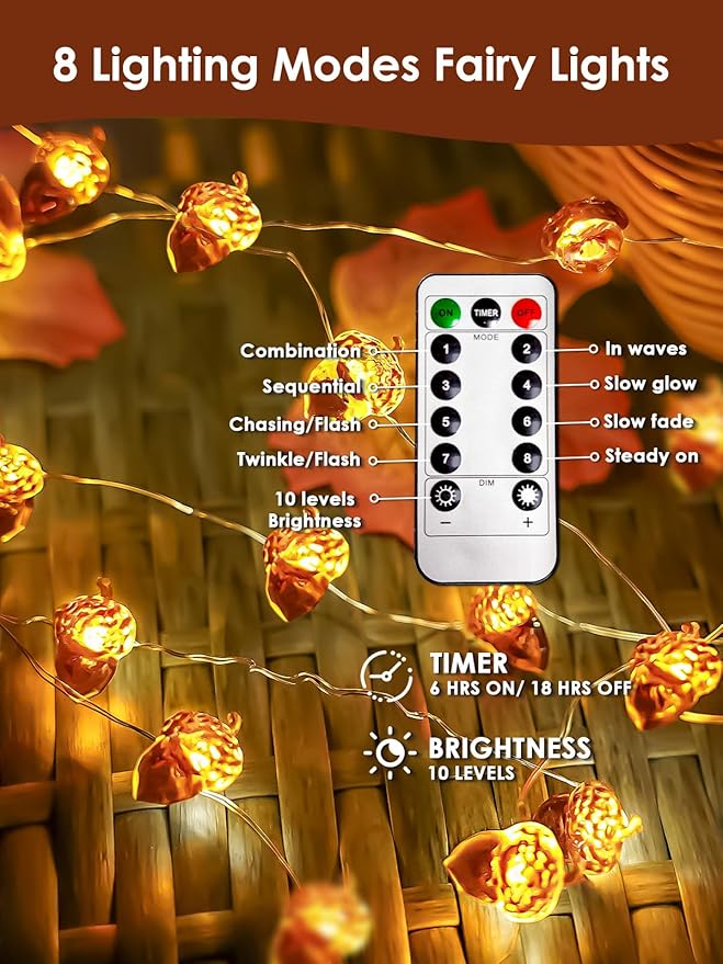 Fall Decorations Acorn Fairy Lights Battery Operated with Remote & 8 Modes & Timer, 10ft 30LED Acorn Fall Lights String Harvest Decoration Outdoor Indoor Light for Garland Halloween Thanksgiving Decor