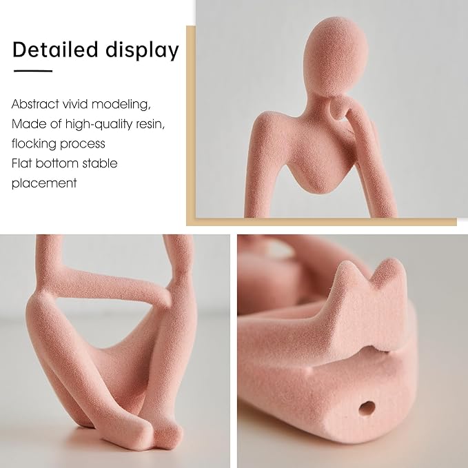 FJS Thinker Statue Shelf Decor - Velvet Collectible Figurines Living Room Decor, Modern Sculptures Home Decorations for Bookshelf Coffee Table Office (Pink Velvet)
