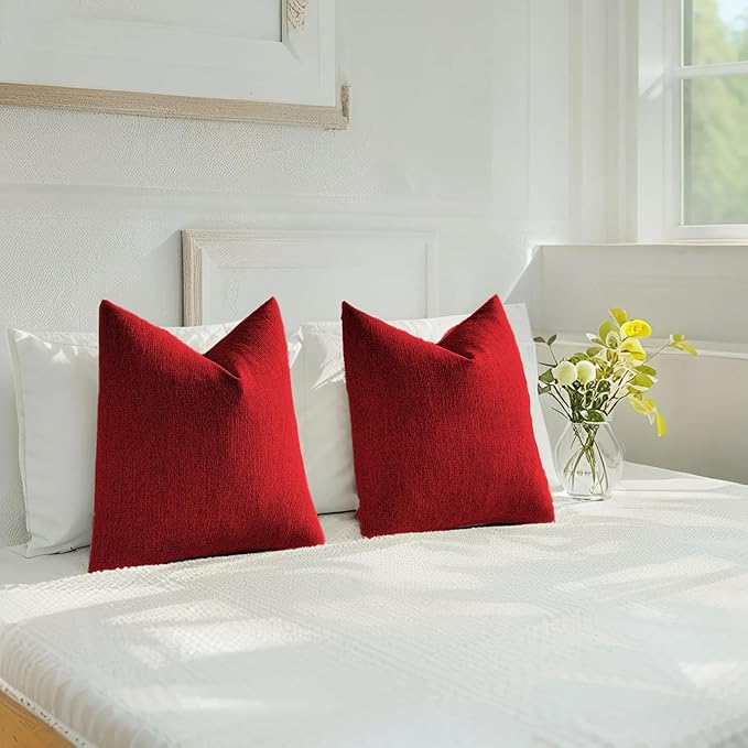HAUSSY Red Throw Pillow Covers 22x22 Inch Set of 2,Boho Decorative Faux Linen Throw Pillows Cozy Farmhouse Accent Cushion Covers,Home Decor for Couch Sofa Bed Living Room