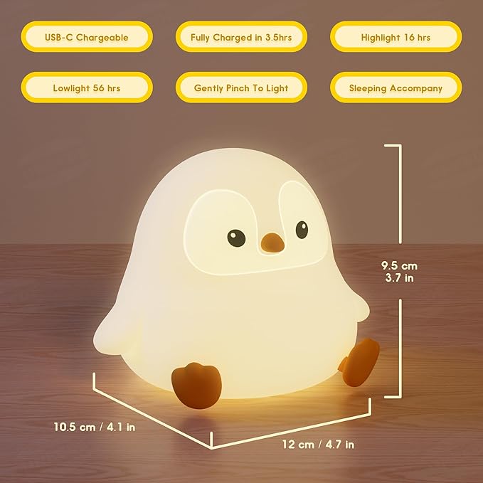 UNEEDE Sitting Penguin Night Light with Removable Floppy Bunny Ears - Silicone Touch Lamp, USB Rechargeable, Dimmable Nursery Light for Kids & Holiday Decor