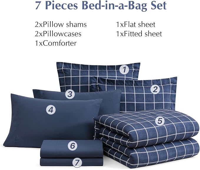 Plaid Queen Size Comforter Set Dark Blue, Reversible Checkered Bedding Set 7 Pieces for Boys Girls Teen, Lightweight All Season Bed in a Bag with Sheets, Pillowcases & Shams