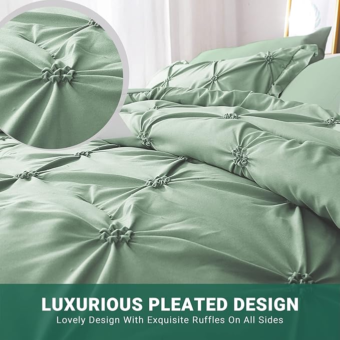 JOLLYVOGUE Green Full Size Comforter Sets 7 Pieces, Pintuck Bed in a Bag Comforter Set for Bedroom, Bedding Comforter Sets with Comforter, Sheets,Ruffled Shams & Pillowcases