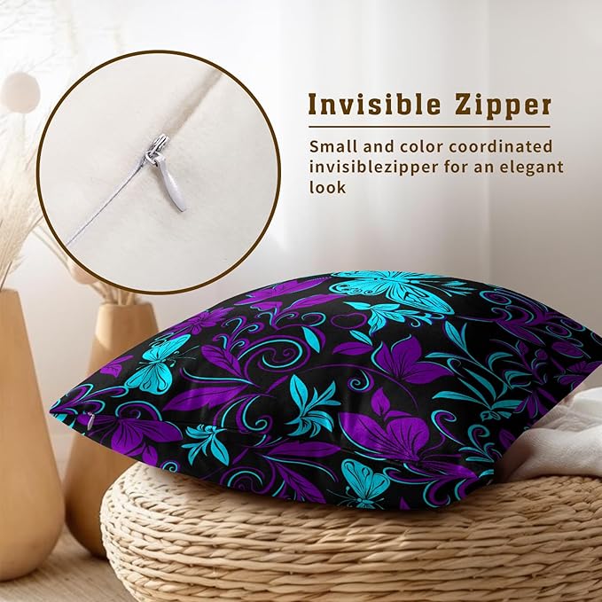 Teal Purple Butterfly Pillow Covers - Butterflies Throw Pillow Covers Floral Pillowcases Flowers Cushion Cover for Sofa Bedroom Patio 18x18 Inch