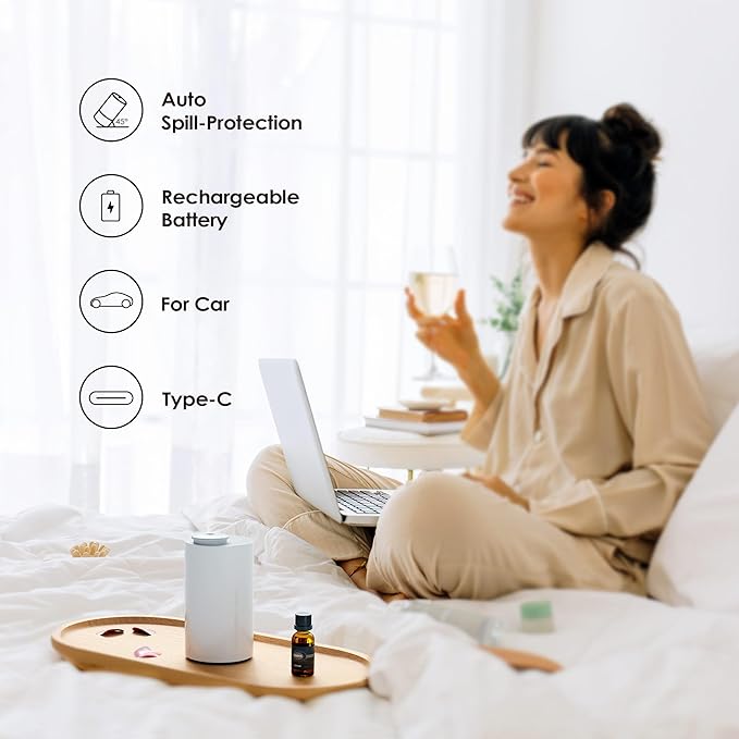 Waterless Diffuser for Essential Oil, Battery Operated Nebulizer, 0.7 Fl.Oz./ 20mL Capacity, Mini Scent Air Machine, 3 Countdown Timers & 3 Mist Levels for Home, Room, Car, Office - AN6 Lavender