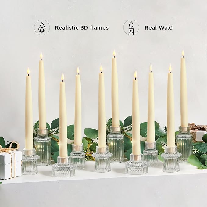 LampLust Flameless Taper Candles, Realistic Flame with Wick, 7 Inch, 10 Pack, Ivory Wax, Flickering Flameless Candle LED, Remote Included, Home Decor, Christmas Party Decorations, Wedding Centerpiece