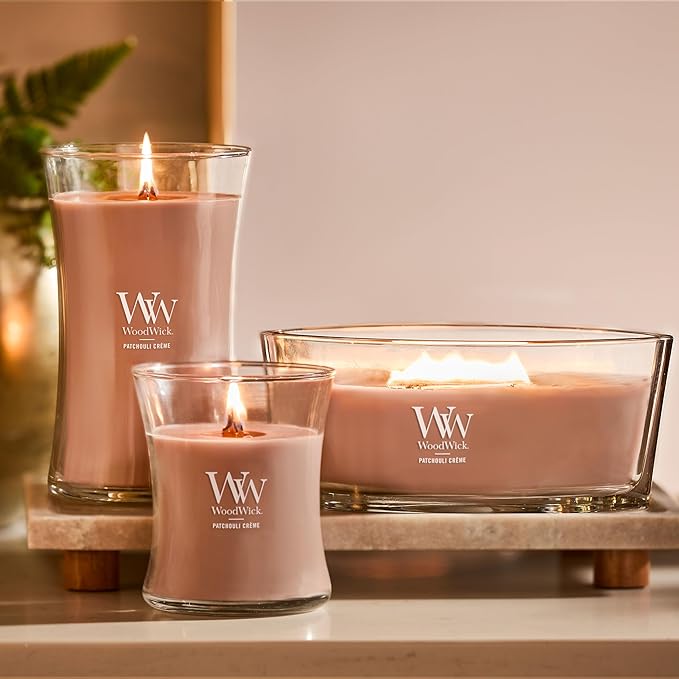 WoodWick Patchouli Crème Medium Hourglass Candle, Crackles as it Burns, Up to 65 hrs Burn time, Perfect for Gifting, 9.7 oz