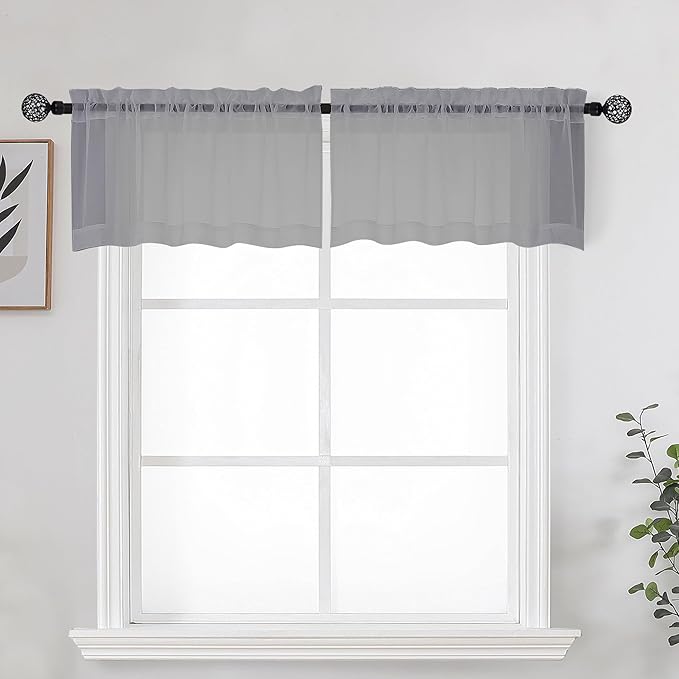 OWENIE Grey Sheer Kitchen Valance for Windows Set of 2, Small Modern Rod Pocket Voile Valance Curtain Window Treatment Decor for Living Room Bathroom Cafe Laundry Basement, 42" W x 14" L