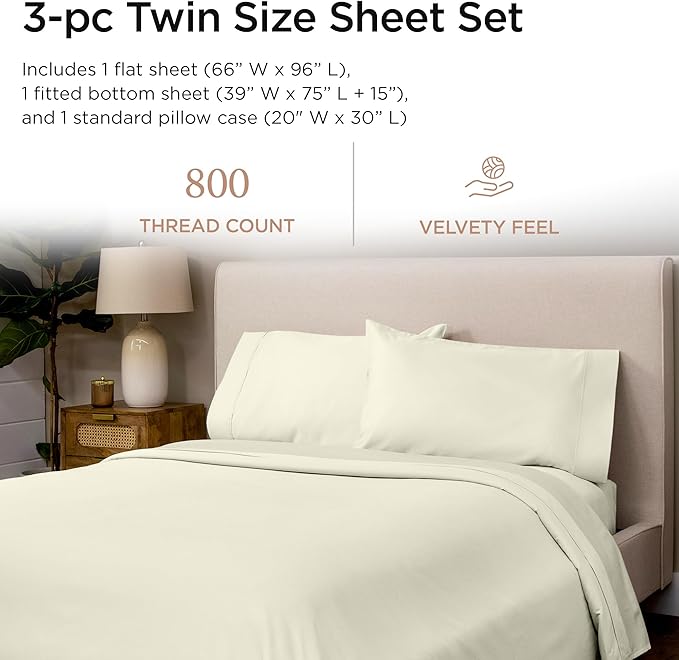 Threadmill Luxury 800 Thread Count Twin 100% Cotton Sheets - Ivory Sateen Weave Bed-Sheets, Better Than Egyptian Cotton,3 Pc Solid Soft Bedding Set, Fits 15" Deep Pocket