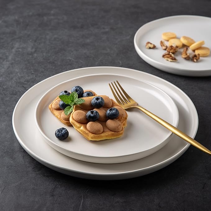 AmorArc Dinner Plates Set of 4, Handcrafted Porcelain Wavy Rim 10.5 Inch Modern Ceramic Plates Set, Dinnerware Dishes for Kitchen-Microwave&Dishwasher&Oven Safe, Chip resistant-Matte White