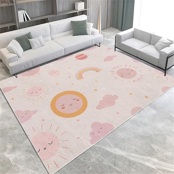 Area Rug for Living Room 7x8 ft Cartoon Sun Rainbow Machine Washable Non-Slip Rugs, Soft Accent Rugs, Lightweight Carpet, Foldable Easy Care, Stylish Indoor Area Rug