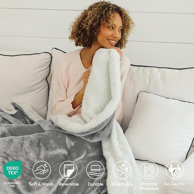 NANPIPER Sherpa Blanket Twin Size for Couch, Warm and Lightweight Throw, Soft Fuzzy Plush Fleece for Winter, Lunar Rock Grey 60x80 Inches