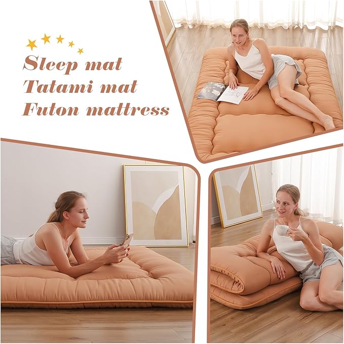 Japanese Floor Mattress, Futon Mattress with Portable Storage Bag and Washable Cover, Roll Up Thick Tatami Mat Suitable for Camping, Guest Room, Light Coffee, Full