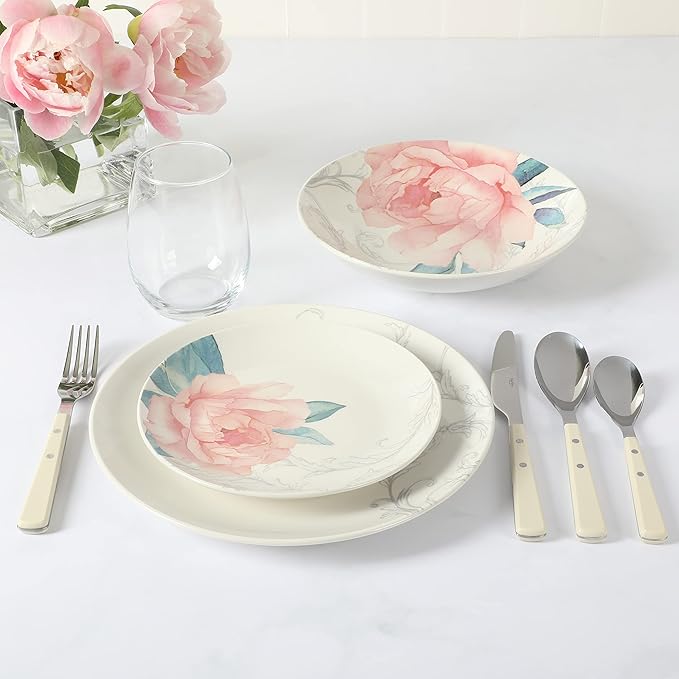 Martha Stewart Peony 12 Piece Porcelain Floral Chip and Scratch Resistant Dinnerware Set