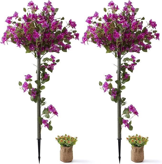 MGWILL 4FT Artificial Bougainvillea Tree, Set of 2 Faux Silk Floral Blooming Tree with Ground Spike, Decorative Topiary Plant, Fake Flowers Plants for Indoor Outdoor Porch Decor
