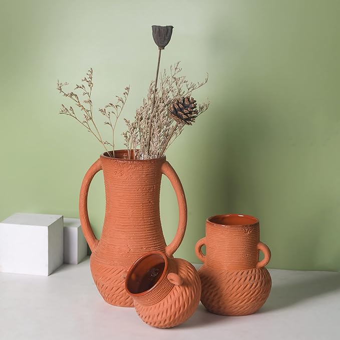 Terracotta Vases Sets, Farmhouse Decor, Ceramic Vase for Flower, Wide Mouth Rustic Home Decor Vases for Flowers, Living Room,Table,Shelf and Accessories (3)