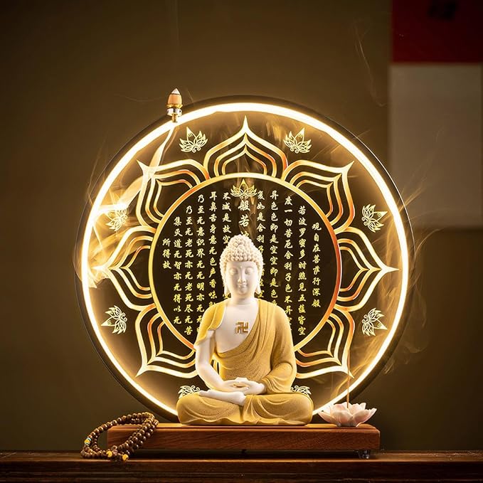 Shakyamuni Buddha Ceramic Statue Indoor Backflow Incense Burner with Led Ring Light Heart Meridian Painting，Meditation Decoration for Home and Office, Suitable for Cone and Stick Incense