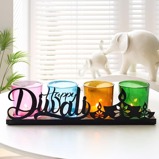 Diwali Home Decoration, Diwali Gifts, Colorful Glass Votive Tealight Candle Holders with Wooden Tray for Table Centerpiece