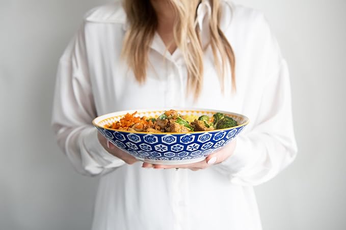 Annovero Pasta Bowls - Bowl Plates for Serving Soup, Salad, Dinner - Decorative Colorful Porcelain for Kitchen - Microwave, Dishwasher, Oven Safe - Zero Lead & Cadmium - 42 Oz - Set of 6