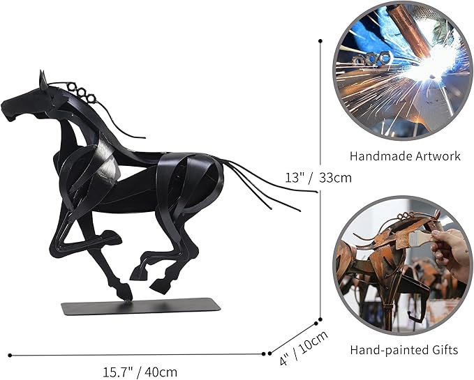 Horse Statue, Unique Metal Art Sculpture for Vintage Home Decor, Modern Decor, Gift for Horse Lovers (Black)