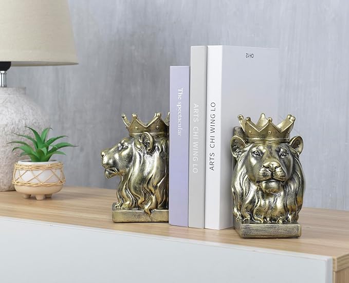 Vintage Gold Lion Book Ends,Animal Decorative Bookends,Resin Book Holder,Luxurious Book Ends for Shelves Rooms Office Home Decor,Unique Book Lover Gift(Gold Lion)