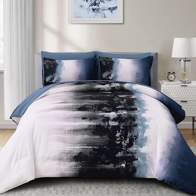 Dinjoy Ombre Blue Comforter Set King Size Gradient Navy Blue Black Boho Bedding Set for Teen Men Women 7 Pieces Bed in A Bag Bohemian Bed Set with Comforter, Sheets, Pillowcases & Shams