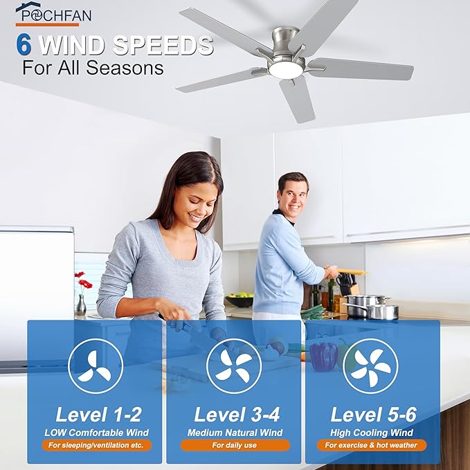52 Inch Ceiling Fans with Lights and Remote, Brushed Nickel Flush Mount Low Profile Ceiling Fan for Bedroom, Living Room, Patio, Dimmable 6 Speeds Noiseless, ETL Listed