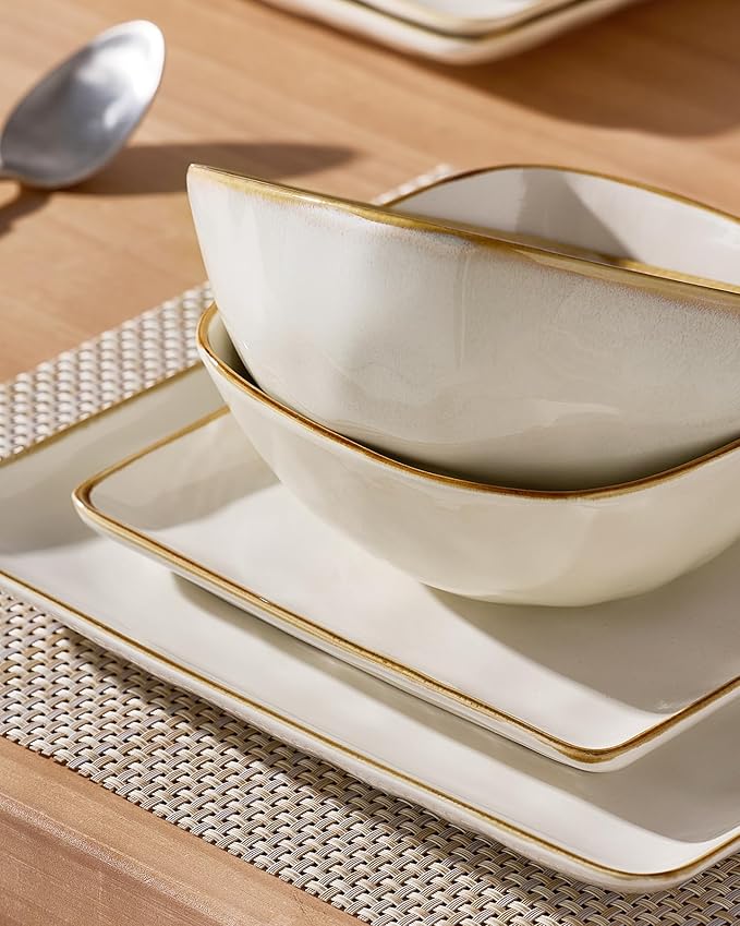 Famiware Dinnerware Sets for 8, Ocean Square 24-Piece Kitchen Plates and Bowls Sets, Microwave and Dishwasher Safe, Scratch Resistant, Vanilla White