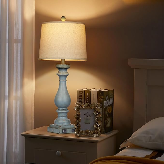 29" Tall Table Lamp for Living Room Set of 2,Coastal Bedside Nightstand Lamps with USB C+A Ports & AC Outlet,3-Way Dimmable Touch Control Retro Blue Desk Lamp for Bedroom,Color 3