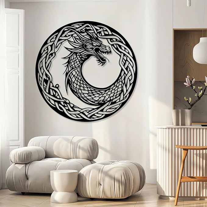 Viking Ouroboros Metal Wall Art, Viking Metal Wall Decor, Celtic Knot Wall Hanging, Nordic Dragon Decor, Scandinavian Sign, Vegvisir Art, Norse Mythology Home Decor (Silver, 19"x19"|47x47cm)