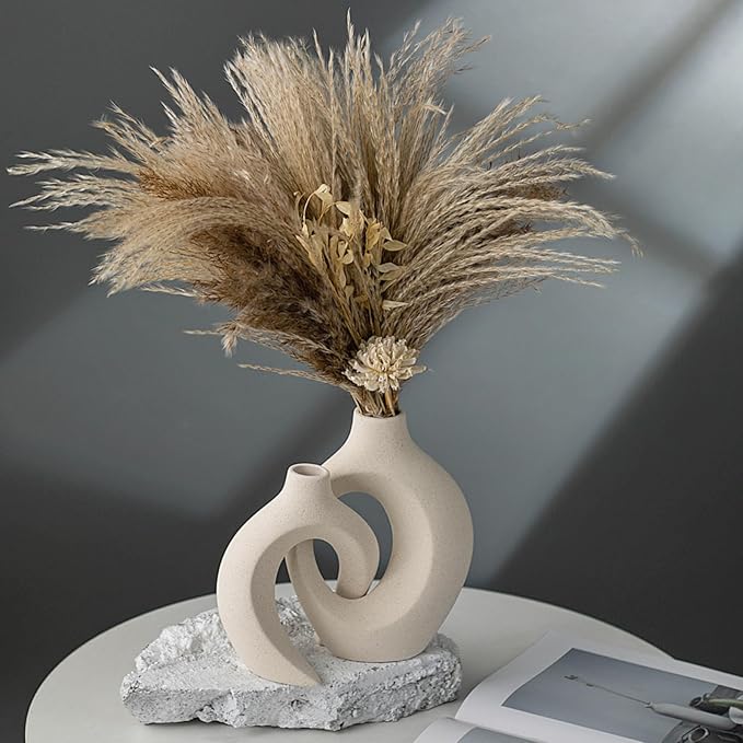 Snuggle Hollow Ceramic Vase Set of 2 for Coffee Table Decor, Donut Decorative Vases for Boho Modern Table Centerpieces Home Living Room Entryway Table Shelves Decoration (Beige W 6.3" X H 8.4")
